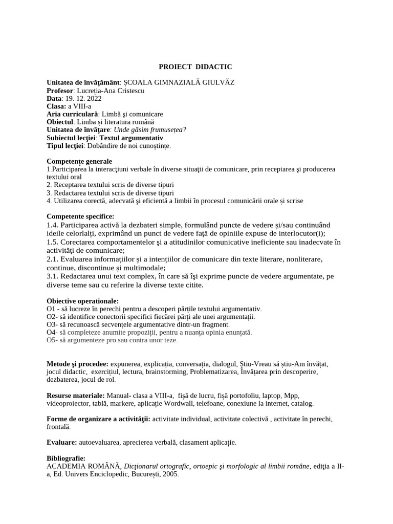 Proiect Didactic Text Argumentativ | PDF