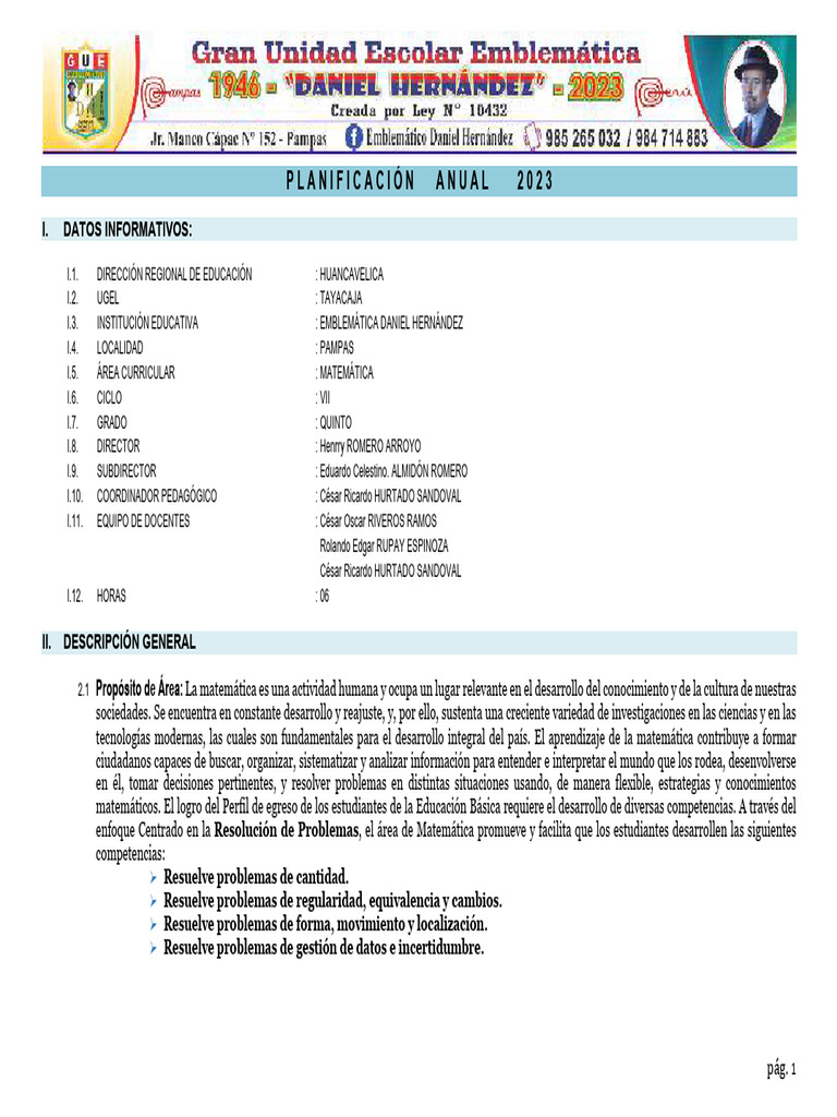 Plan Anual de Matemáticas 2023 - I.E. Daniel Hernández | PDF ...