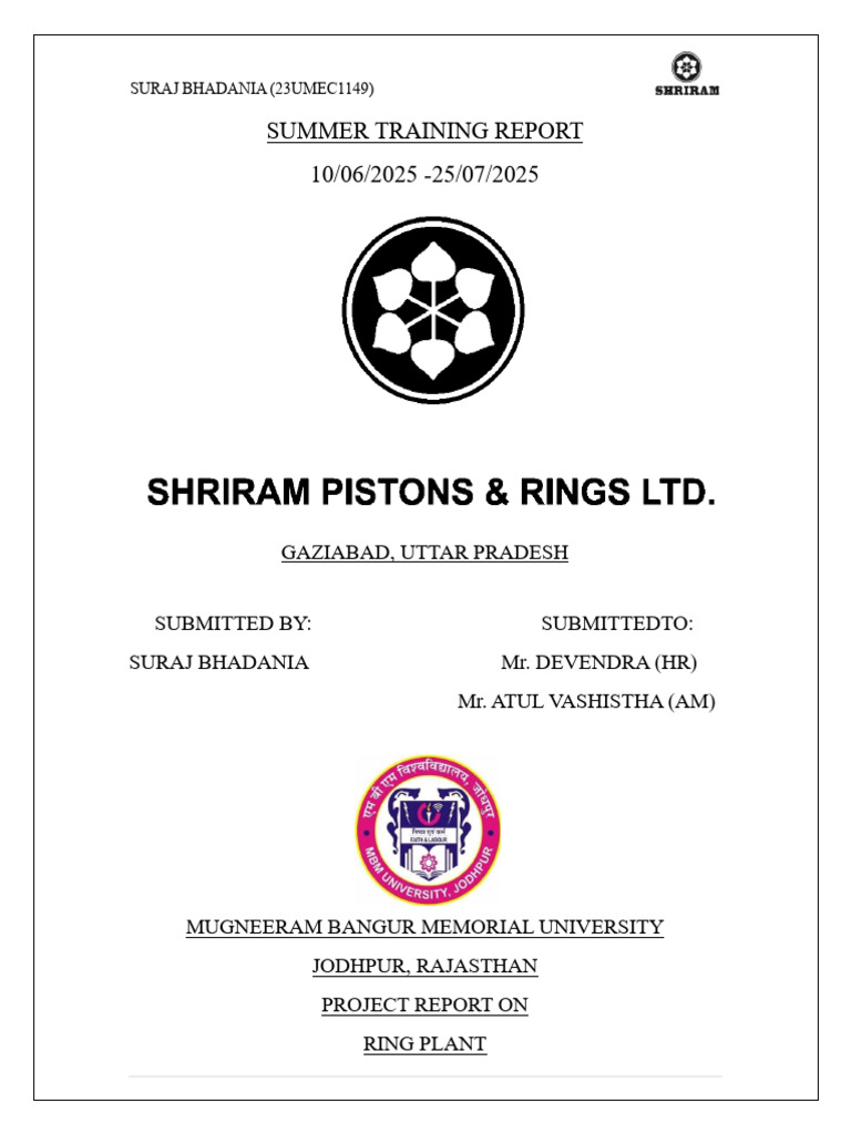 Summer Training Report on Piston Rings | PDF | Piston | Engines