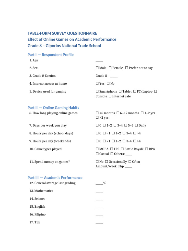 Table Form Questionnaire GNTS | PDF | Chess Openings | Chess Theory