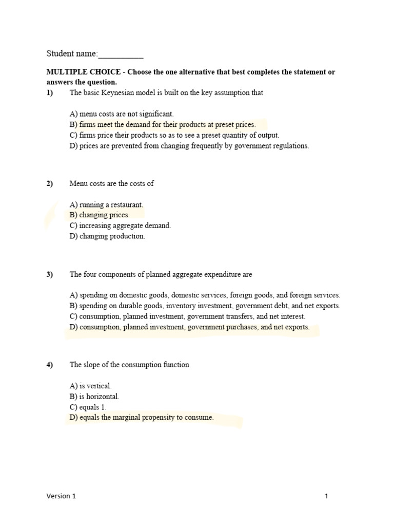 Keynesian Economics Quiz Questions | PDF | Consumption (Economics ...