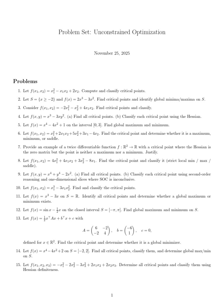 Unconstrained Optimization Problem Set | PDF