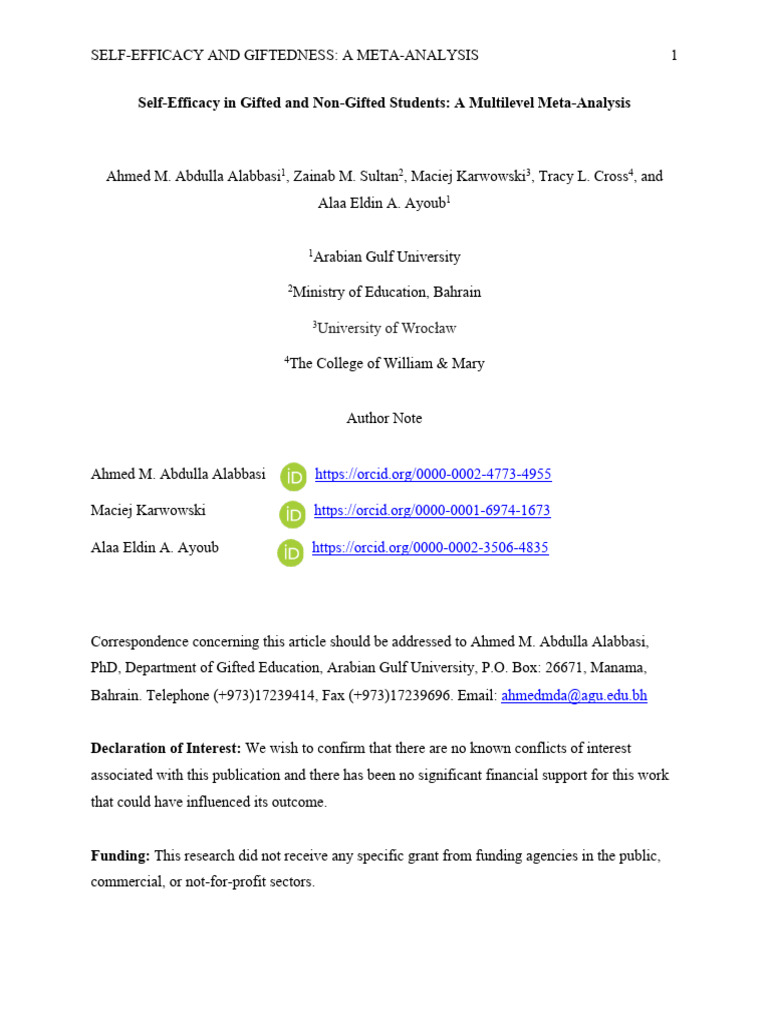 Self-Efficacy in Gifted Students Meta-Analysis | PDF | Self Efficacy ...