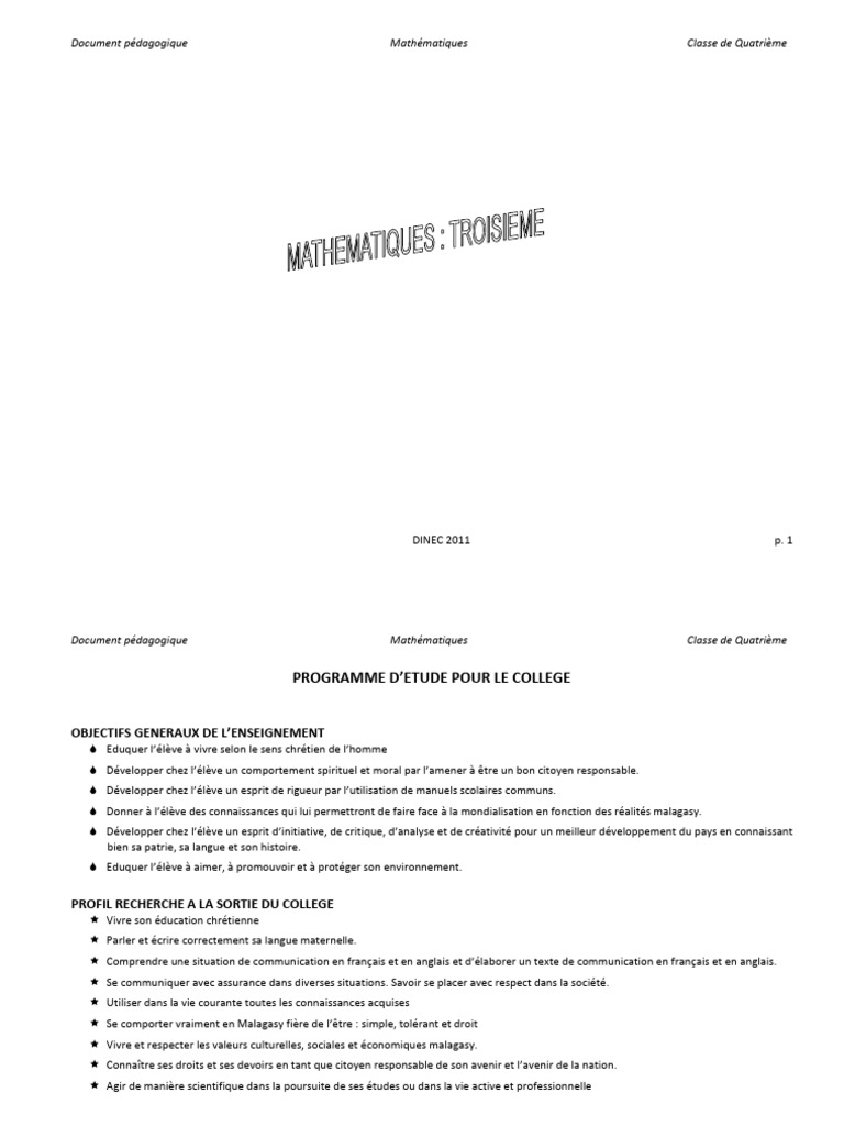 Programme de Mathématiques 4ème DINEC 2011 | PDF | Fonction ...