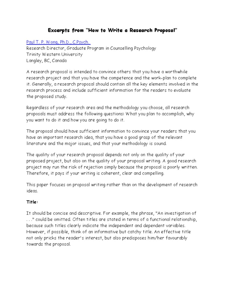 Excerpts from “How to Write a Research Proposal”: Paul T. P. Wong