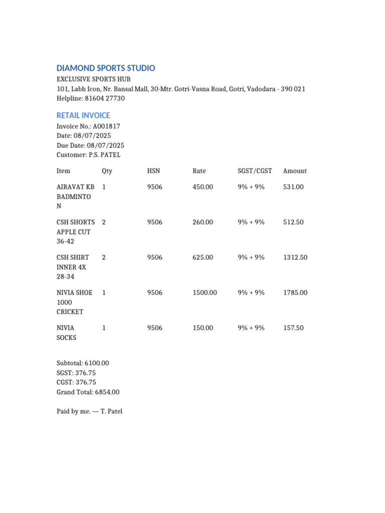 Diamond Sports Studio Retail Invoice | PDF
