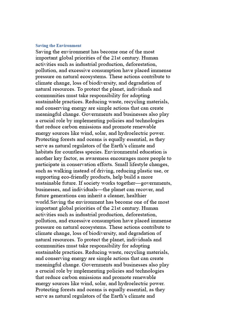 Saving The Environment | PDF | Sustainability | Conservation Biology