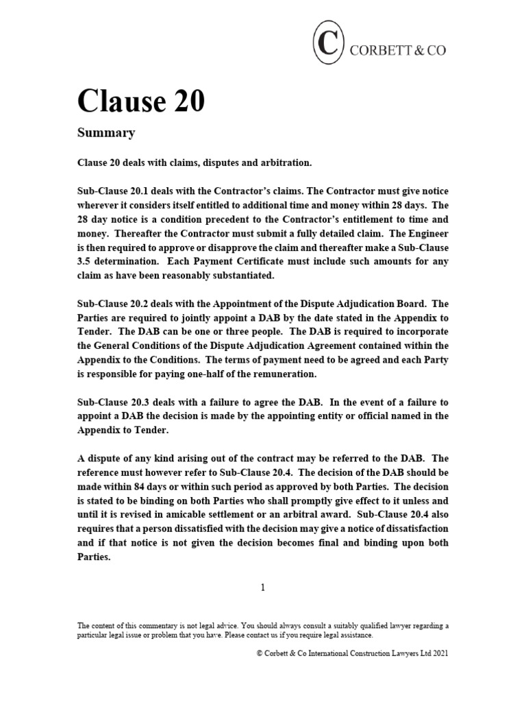 FIDIC Clause 20: Claims and Disputes Guide | PDF | Legal Aid | Adjudication