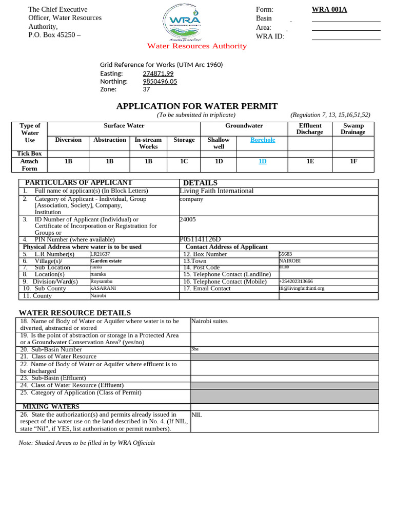 Water Permit Application Form WRA 001A | PDF | Groundwater | Water