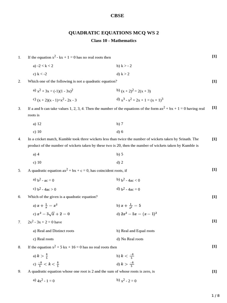 Quadratic Equations MCQs for Class 10 | PDF | Equations | Mathematical ...