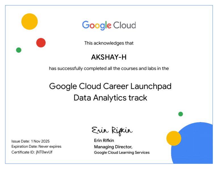 Akshay-H: Google Cloud Career Launchpad Data Analytics Track | PDF