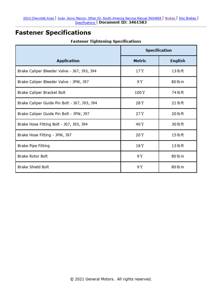 2014 Chevrolet Aveo Brake Specs Guide | PDF
