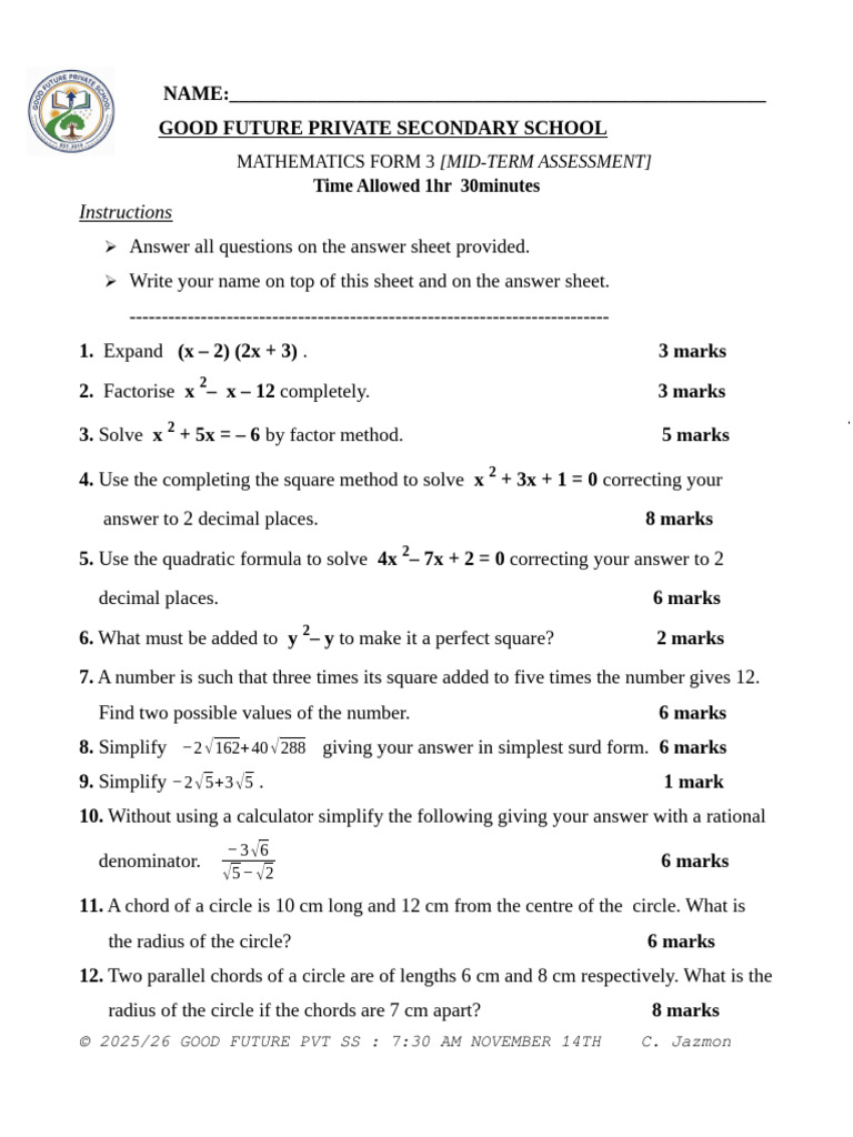 Form 3 Mathematics Mid-Term Assessment | PDF