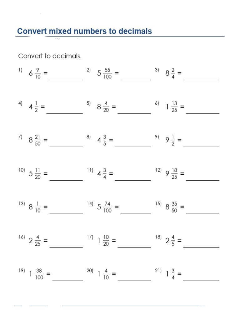 Convert Mixed Numbers to Decimals Worksheet | PDF
