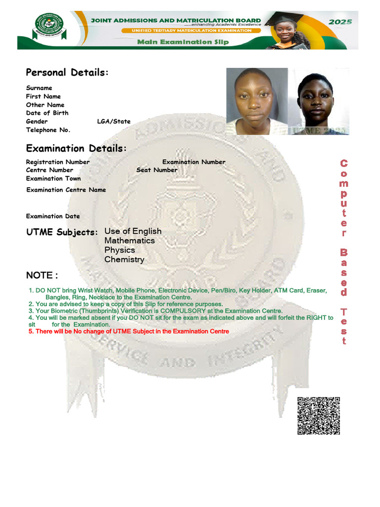 UTME 2025 Exam Registration Details | PDF