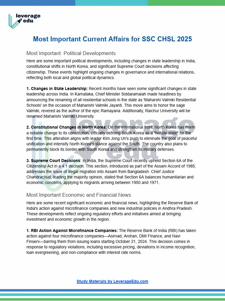 Key Current Affairs for SSC CHSL 2025 | PDF | North Korea | World Politics