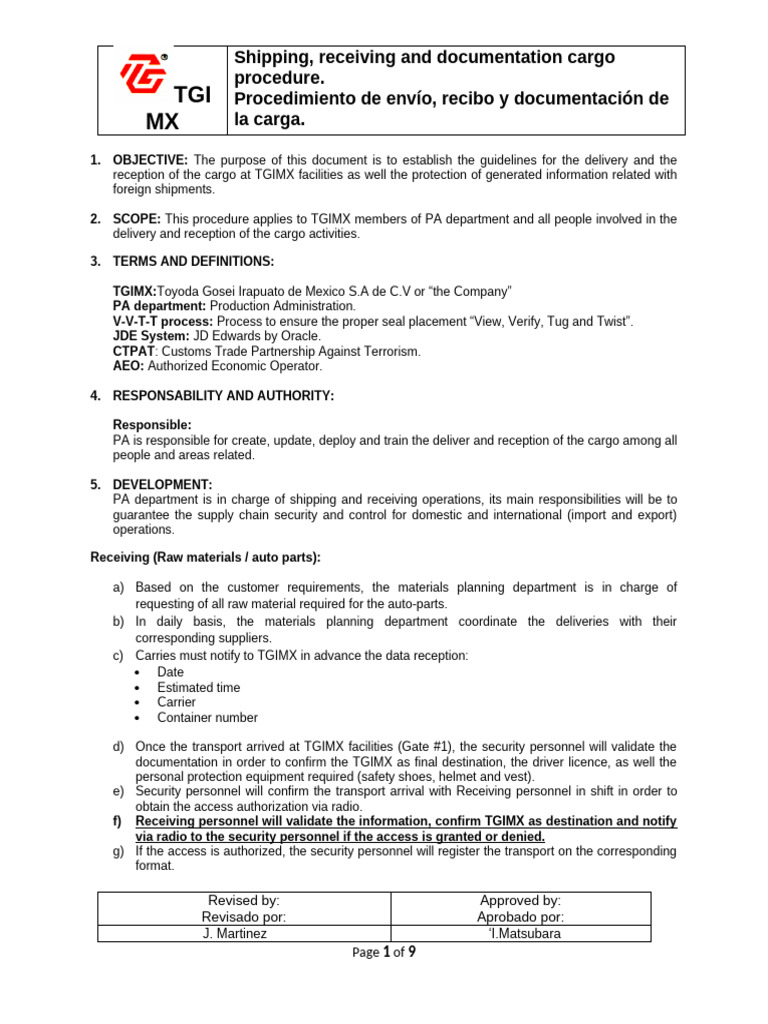 TGIMX Cargo Shipping and Receiving Procedures | PDF | Freight Transport ...