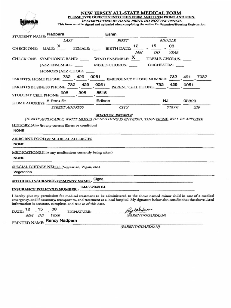 New Jersey All-State Medical Form | PDF