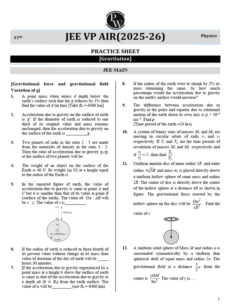 JEE 2025-26 Gravitation Practice Sheet | PDF | Gravity | Mass