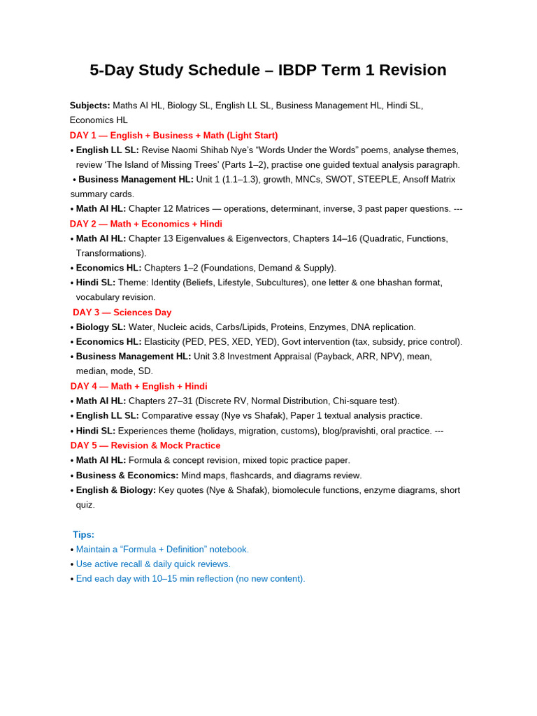 IBDP 5-Day Revision Schedule Guide | PDF