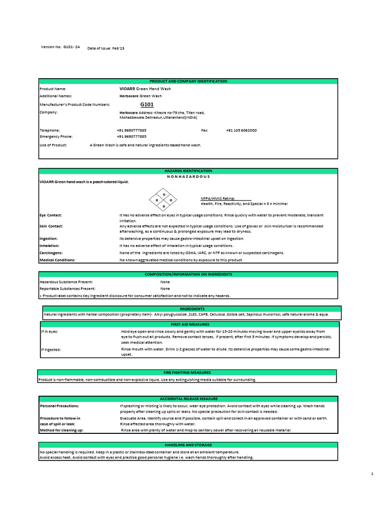 VIOARR Green Hand Wash MSDS G101 | PDF | Toxicity | Hygiene