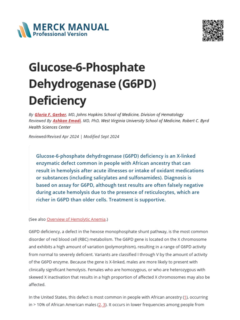 Glucose-6-Phosphate Dehydrogenase (G6PD) Deficiency - Hematology and ...