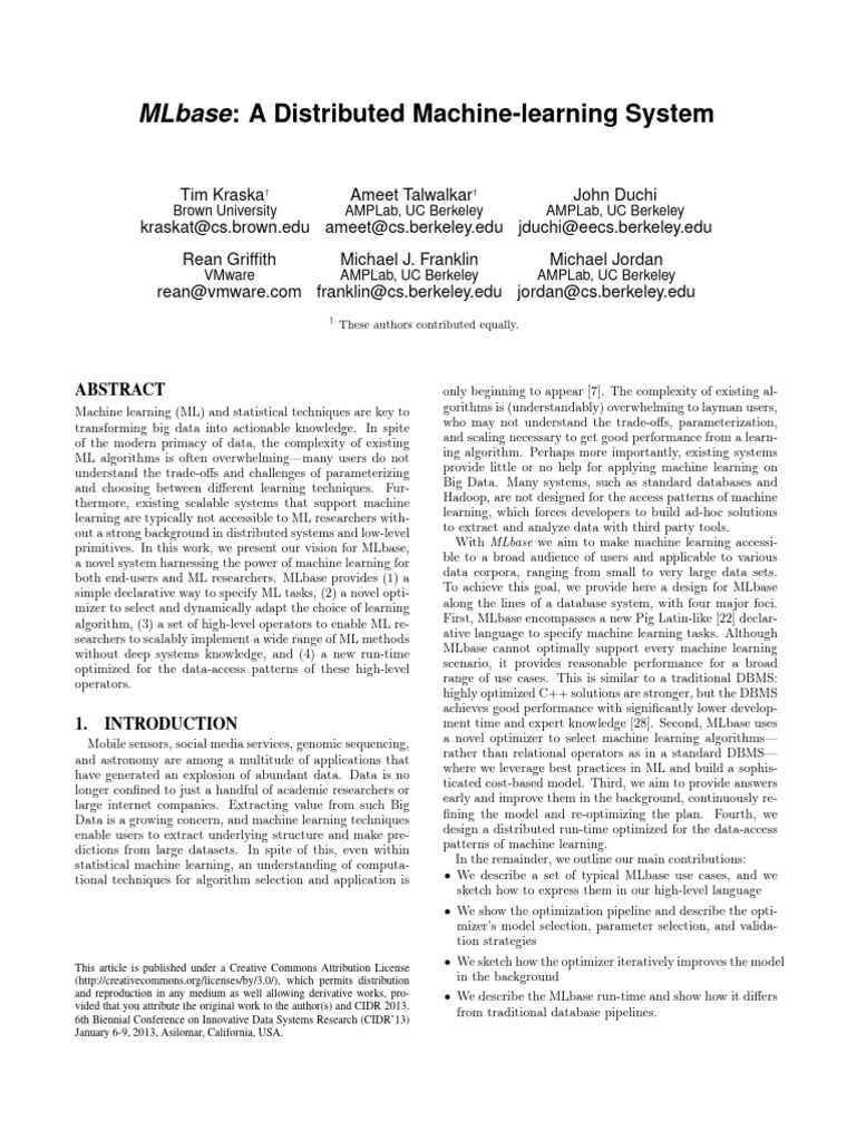 MLbase: A Distributed Machine-learning System | PDF | Support Vector ...