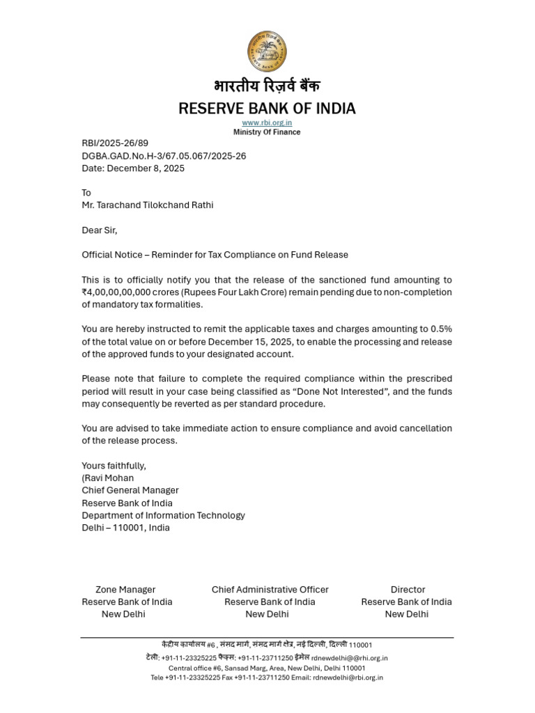 RBI Tax Compliance Reminder Notice | PDF