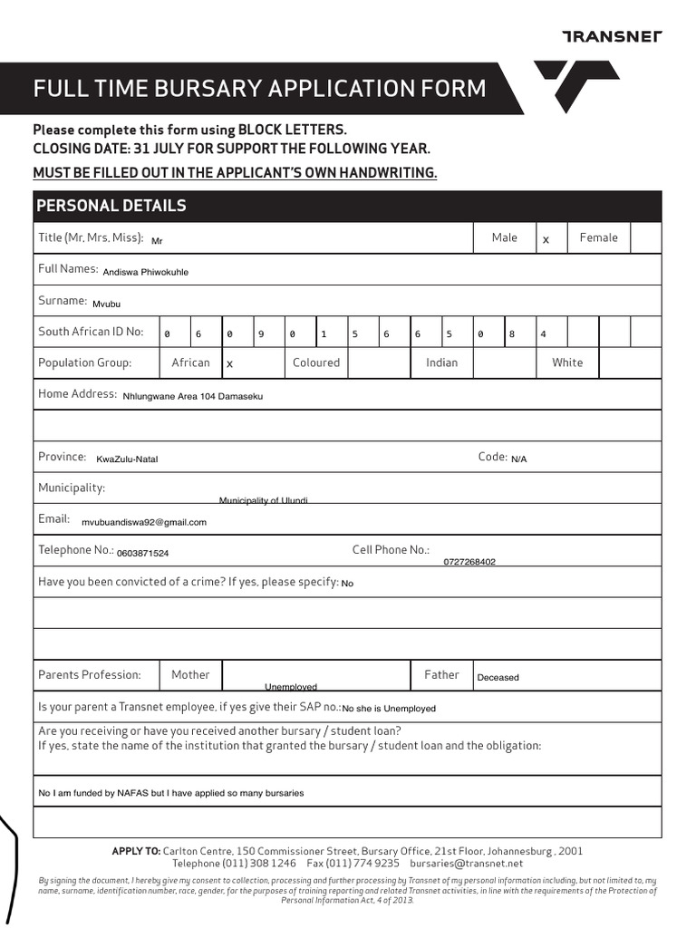 Transnet Bursary Application Form | PDF