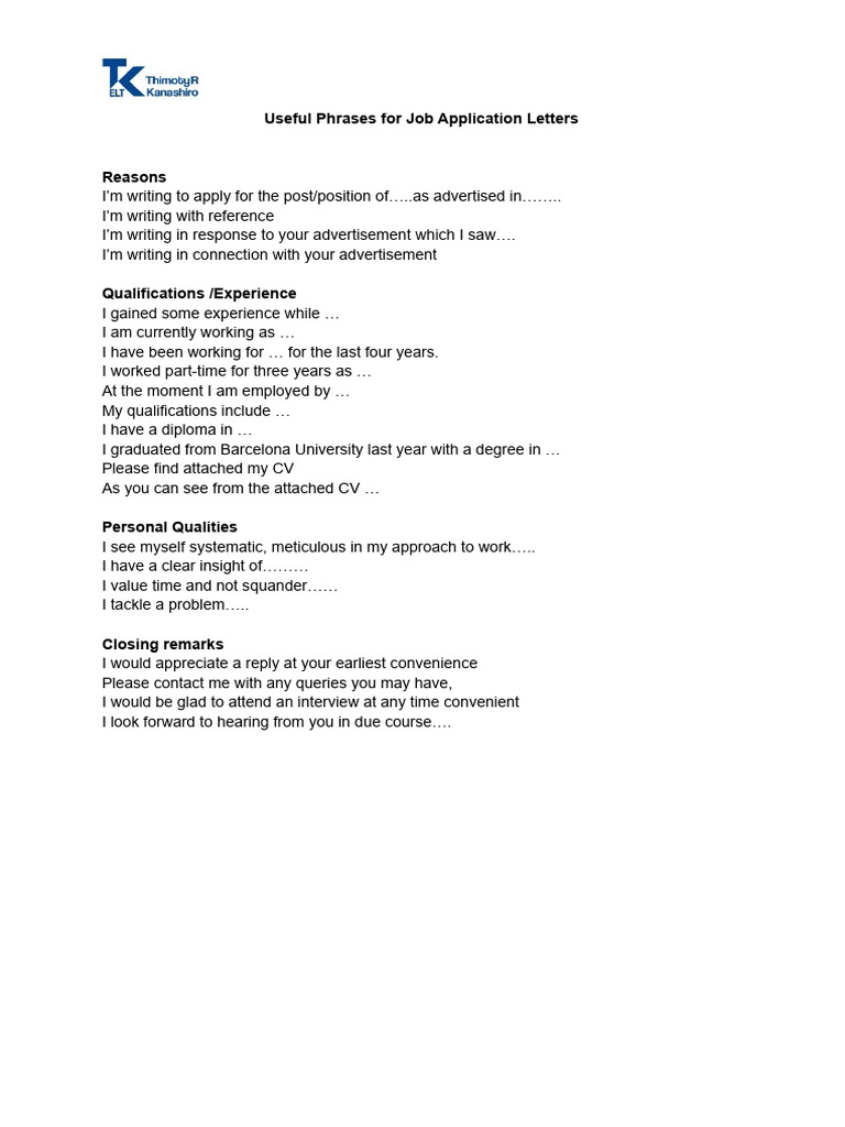 B2 Useful Phrases For Job Application Letters | PDF