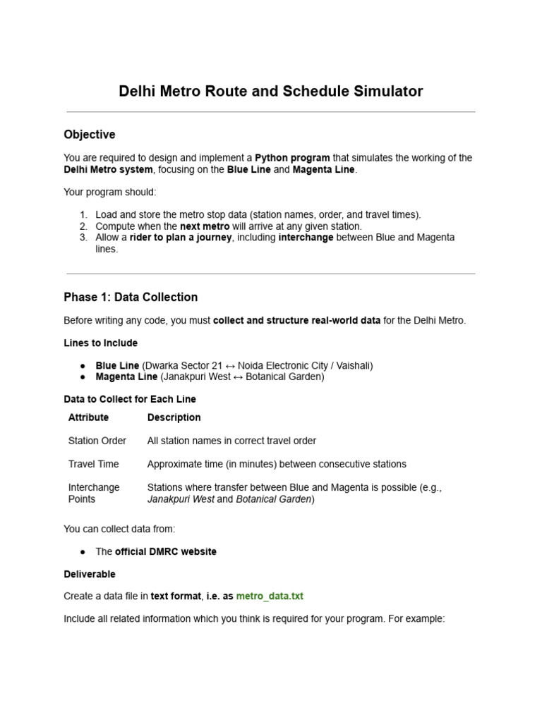 Assignment - Delhi Metro Route and Schedule Simulator | PDF | Computing ...