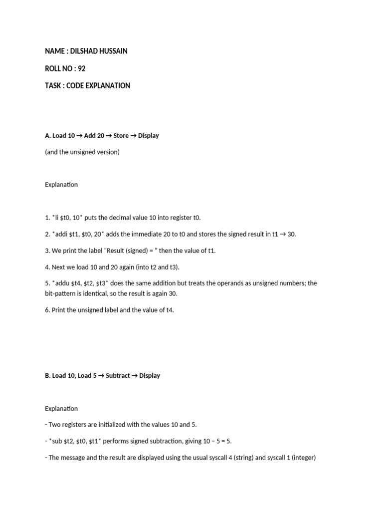 MIPS Code Explanation: Arithmetic Operations | PDF