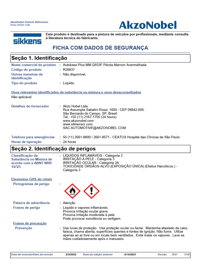 Ficha de Segurança Autobase Plus MM Q933F | PDF | Vertigem | Depressão
