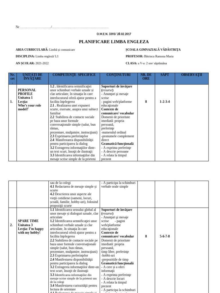 Planificare Booklet Clasa A5a Vadastra | PDF