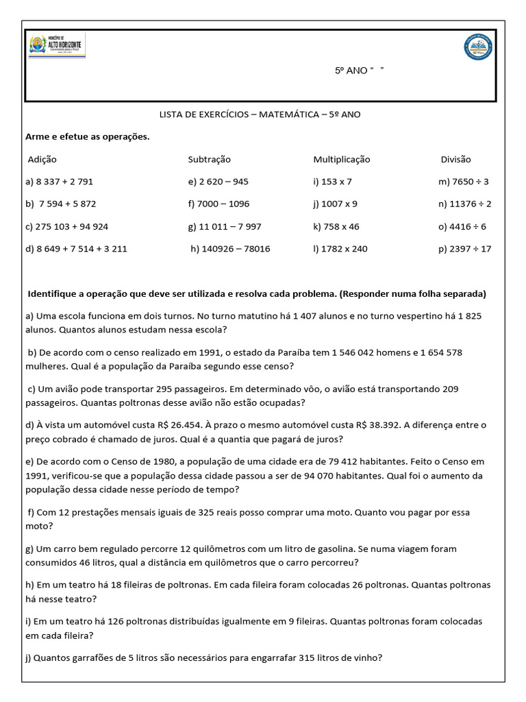Exercícios de Matemática 5º Ano | PDF