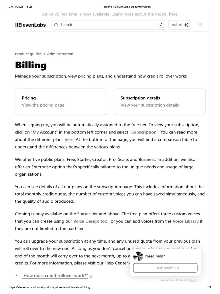 Billing _ ElevenLabs Documentation Billing | PDF | Subscription ...