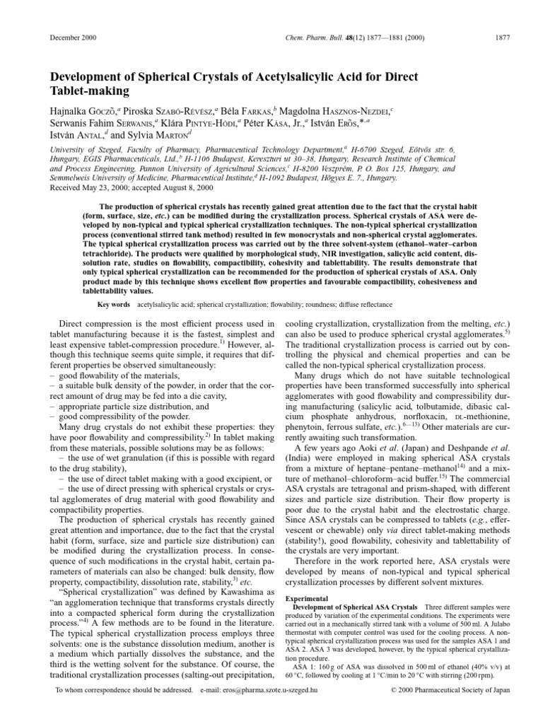 Spherical Crystallization of ASA for Tablets | PDF | Tablet (Pharmacy ...