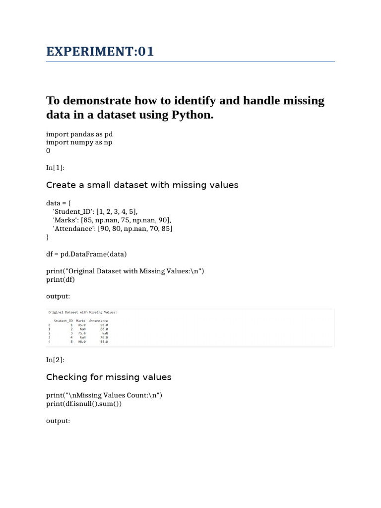 Experiment:01: To Demonstrate How To Identify and Handle Missing Data ...