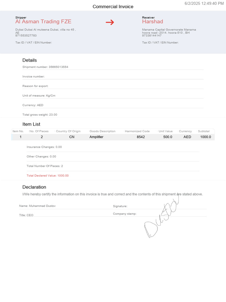 Commercial Invoice for Shipment 35665013554 | PDF