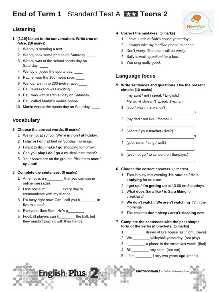 End of Term 1 Standard Test A: Teens 2 | PDF