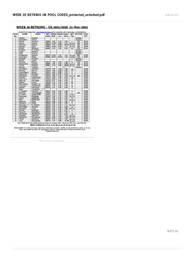 Week 20 Betking Uk Pool Codes - Protected - Unlocked | PDF