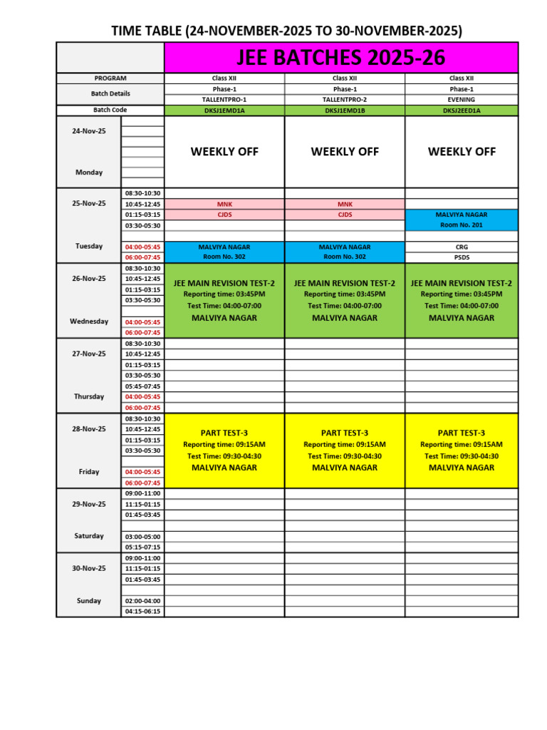 Iit-Jee Time Table (24-30 Nov 2025) | PDF | Standardized Tests ...