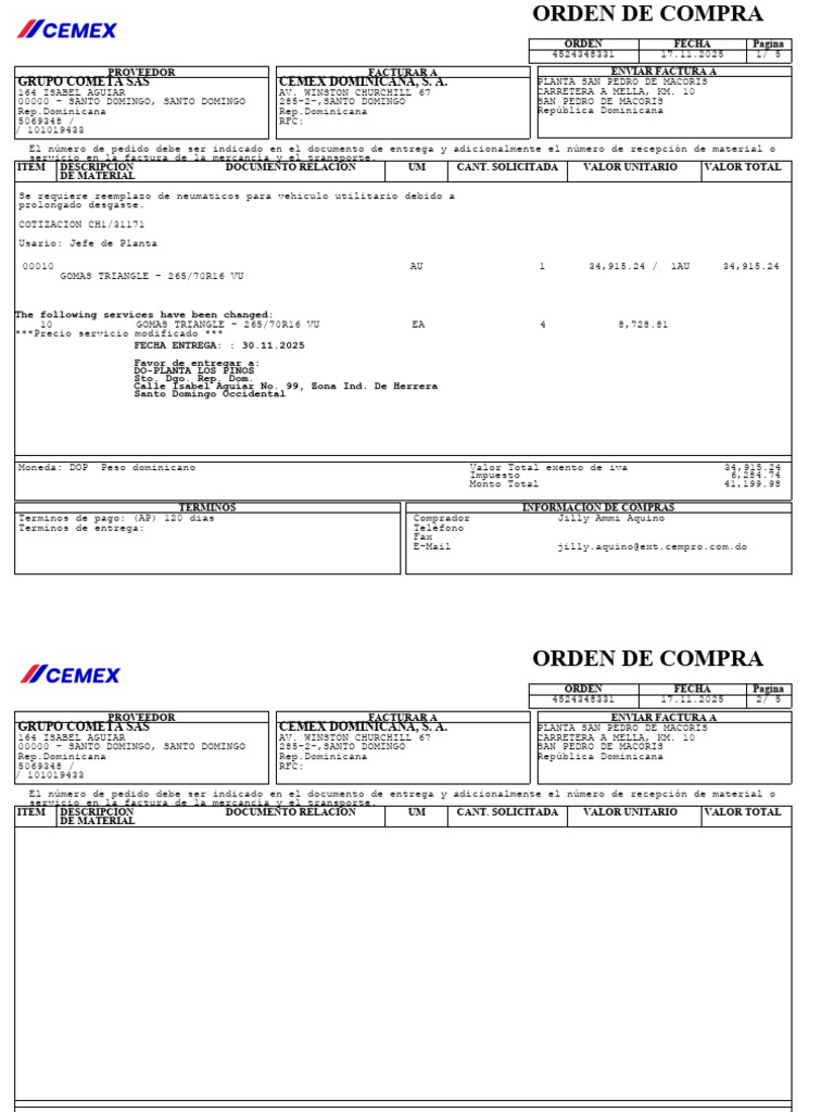 Grupo Cometa Sas Cemex Dominicana, S. A.: Orden Facturar A Enviar ...