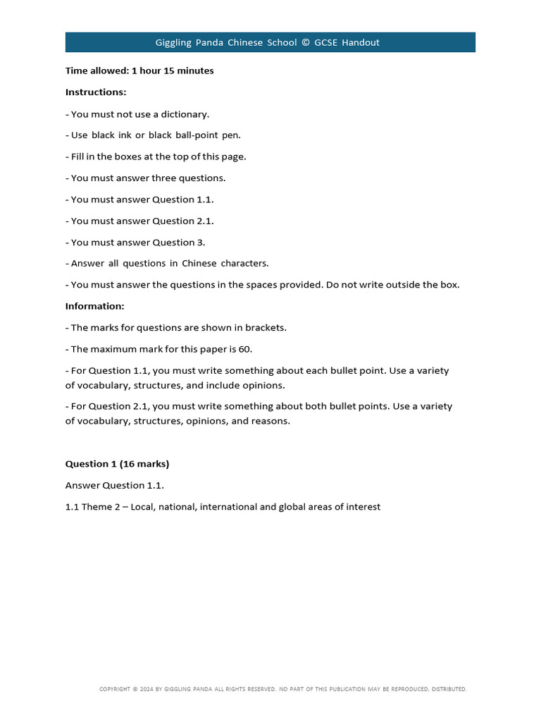 GCSE Chinese Exam Handout Guide | PDF
