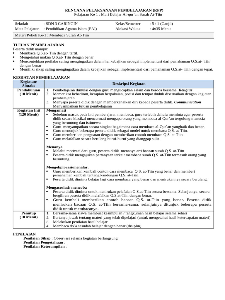 RPP PAI Kelas 5 SEM 1 | PDF