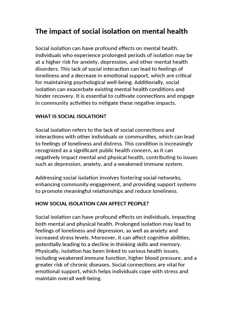 Effects of Social Isolation on Mental Health | PDF | Mental Health ...