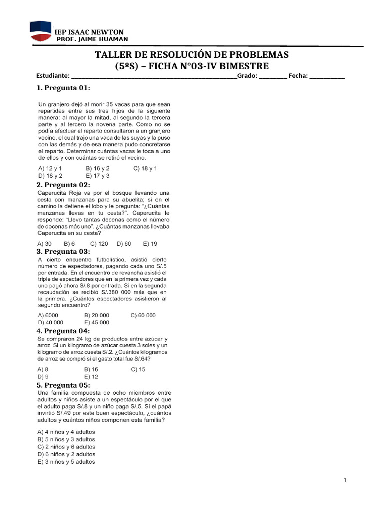 Taller de Resolución de Problemas 5 Sec Ficha 3 | PDF