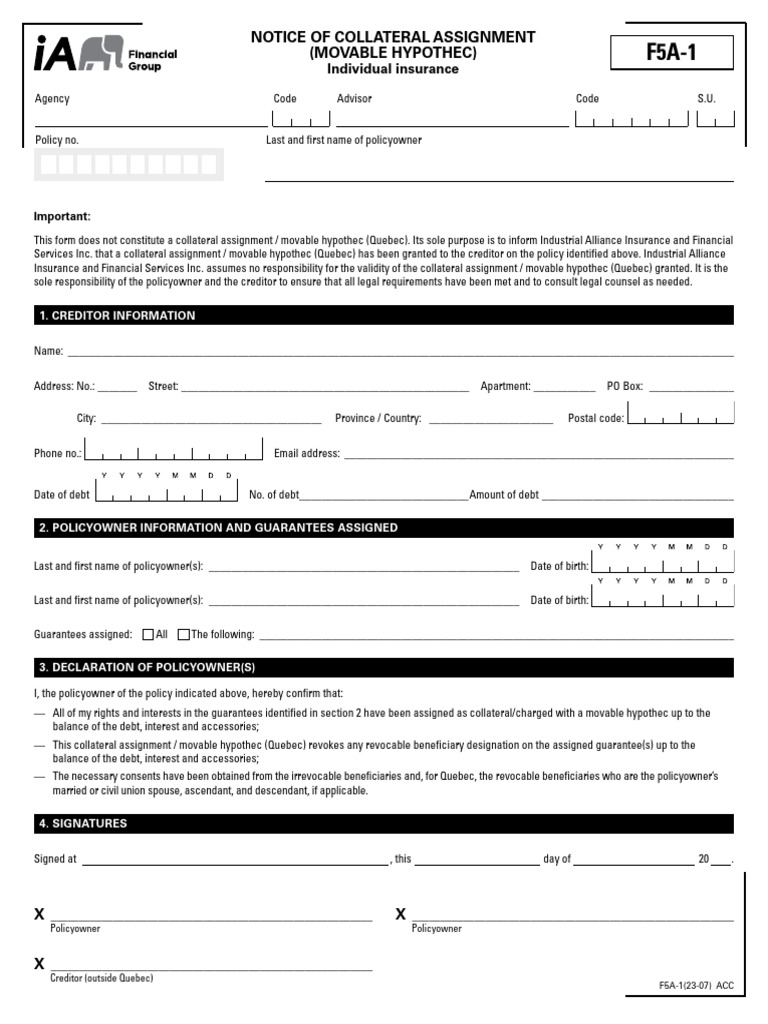 Collateral Assignment Form for Insurance | PDF | Liability (Financial ...