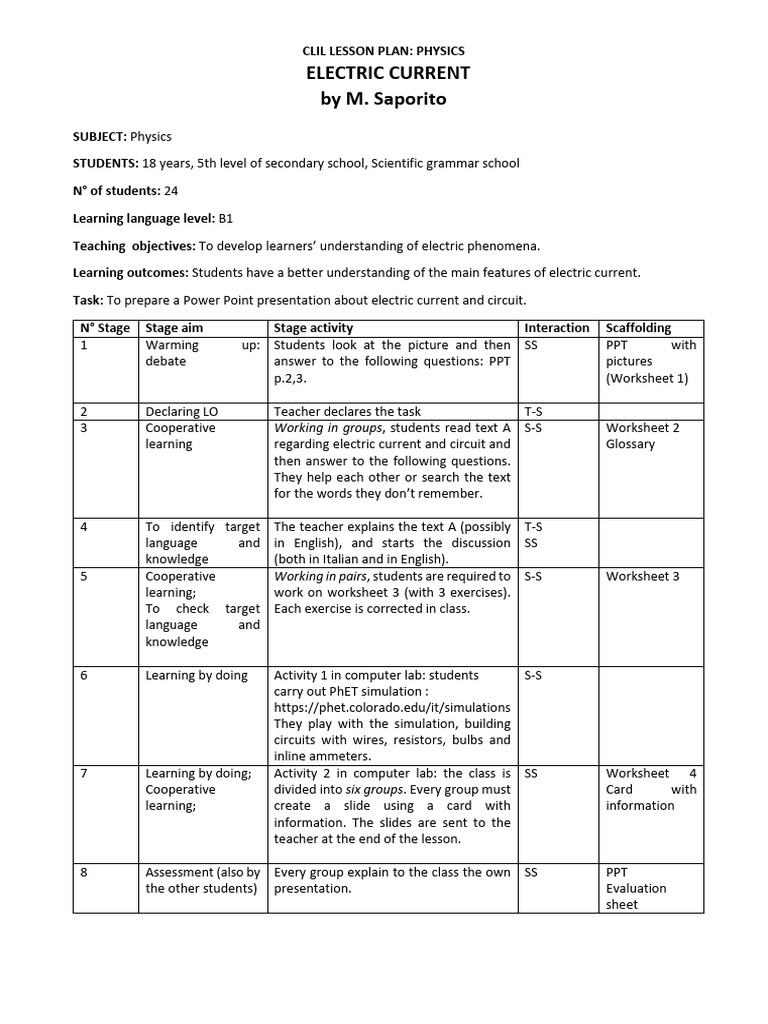 _CLIL_LESSON_PLAN_SAPORITO_Electric_current | PDF | Electric Current ...