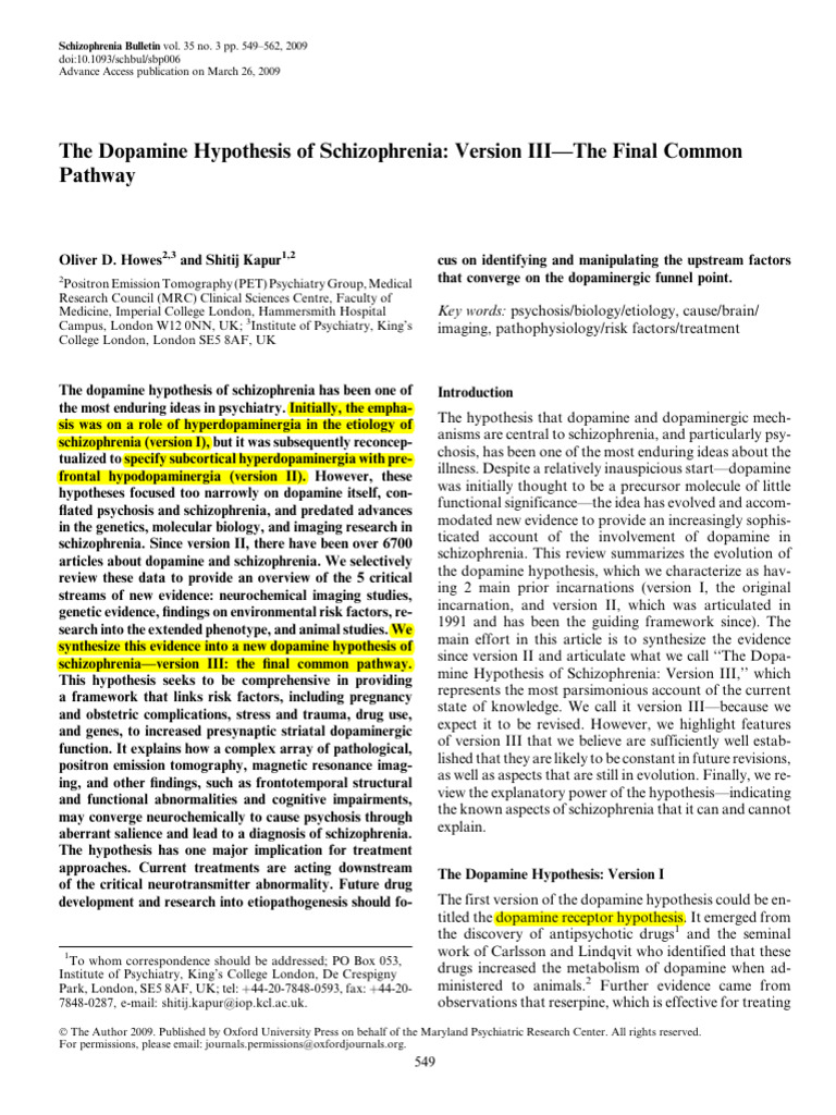 Dopamine Hypothesis of Schizophrenia III | PDF | Schizophrenia | Psychosis